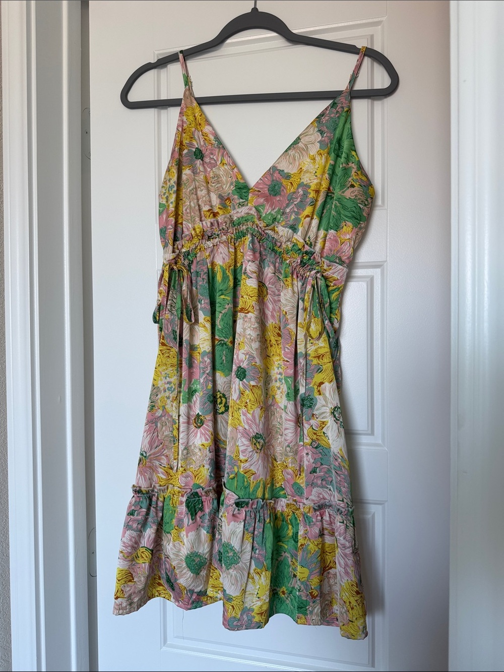 Magnolia Floral Tie-Waist Mini Dress in Green, Pink & Yellow